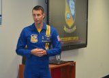 Lt. Cmdr. Brandon Hempler made an early-morning visit to Lemoore's Liberty Middle School to talk up the NAS Lemoore Air Show Saturday and Sunday. 